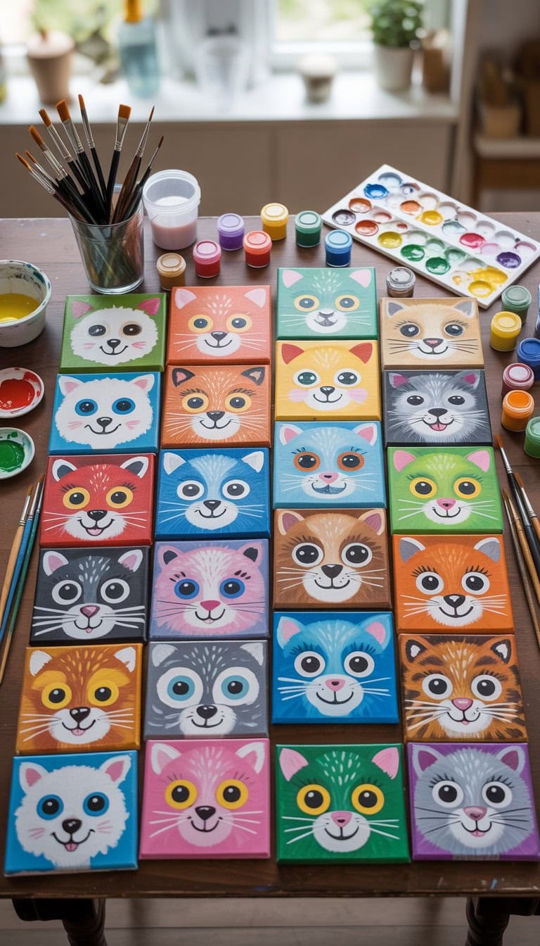 A table displaying 25 colorful animal face paintings on canvases with paintbrushes and paint jars around them.
