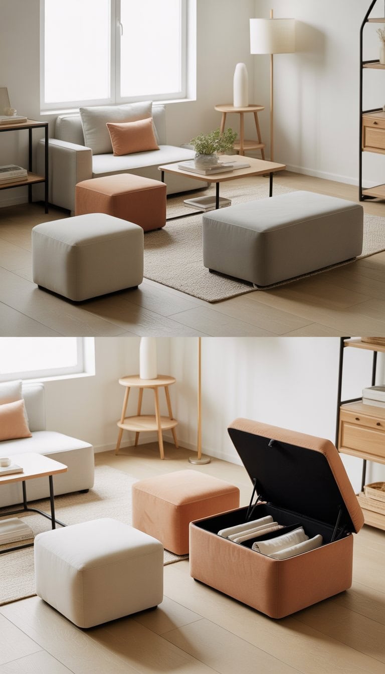 A small apartment living area with multifunctional ottomans used for seating and storage, bright and neatly organized.