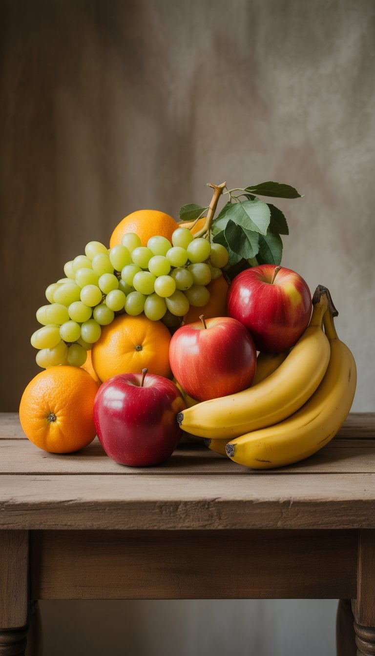 A still life arrangement of apples, bananas, grapes, and oranges on a wooden table.