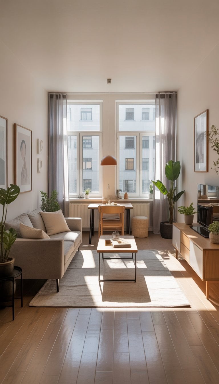 A small apartment living room with furniture arranged away from the walls, featuring a sofa, armchair, coffee table, plants, and natural light from large windows.