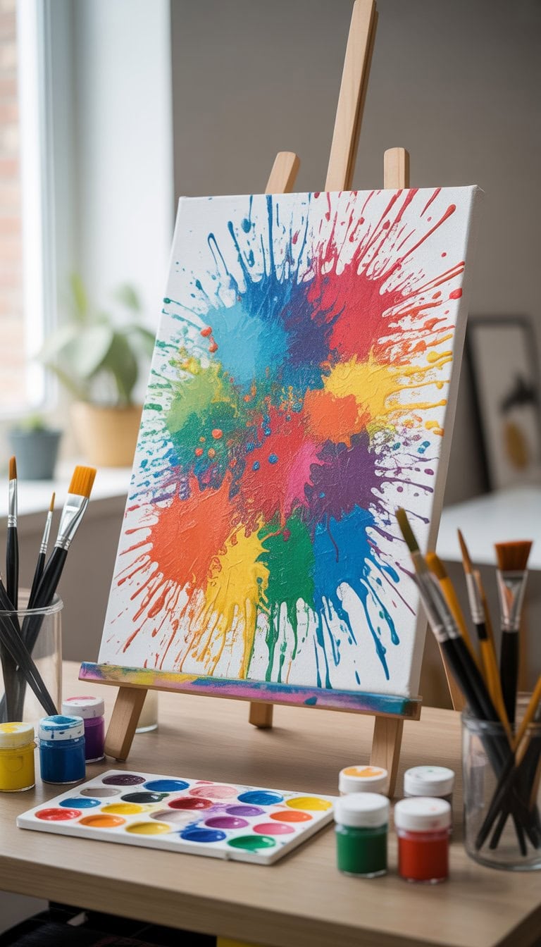 A colorful abstract splatter painting on a canvas displayed on an easel with art supplies on a table in a bright studio.