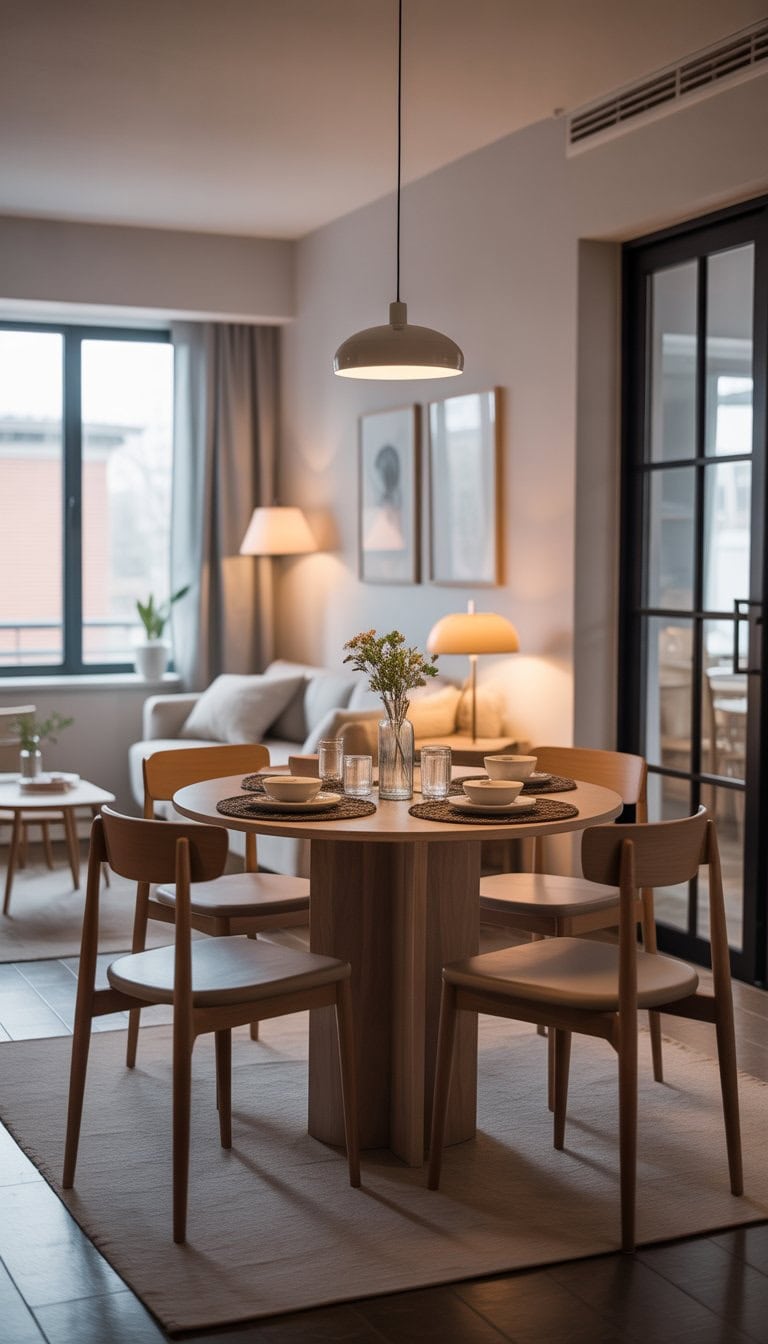 A small apartment dining area with a round wooden table surrounded by four chairs, illuminated by natural light from large windows.