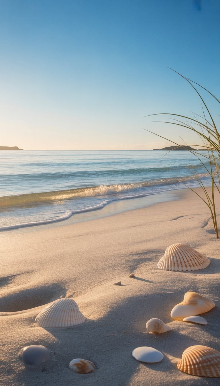 A calm sandy beach with gentle waves, seashells on the shore, and a clear blue sky.