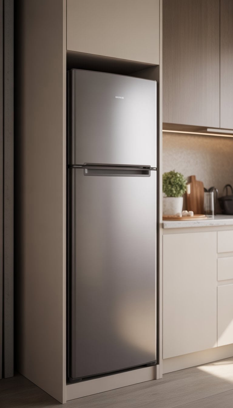 A compact slim refrigerator in a small apartment kitchen with white cabinets and light countertops.