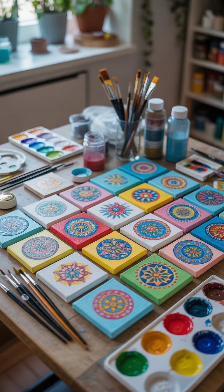 A workspace with 25 small colorful mandala paintings on canvases surrounded by painting supplies on a wooden table.