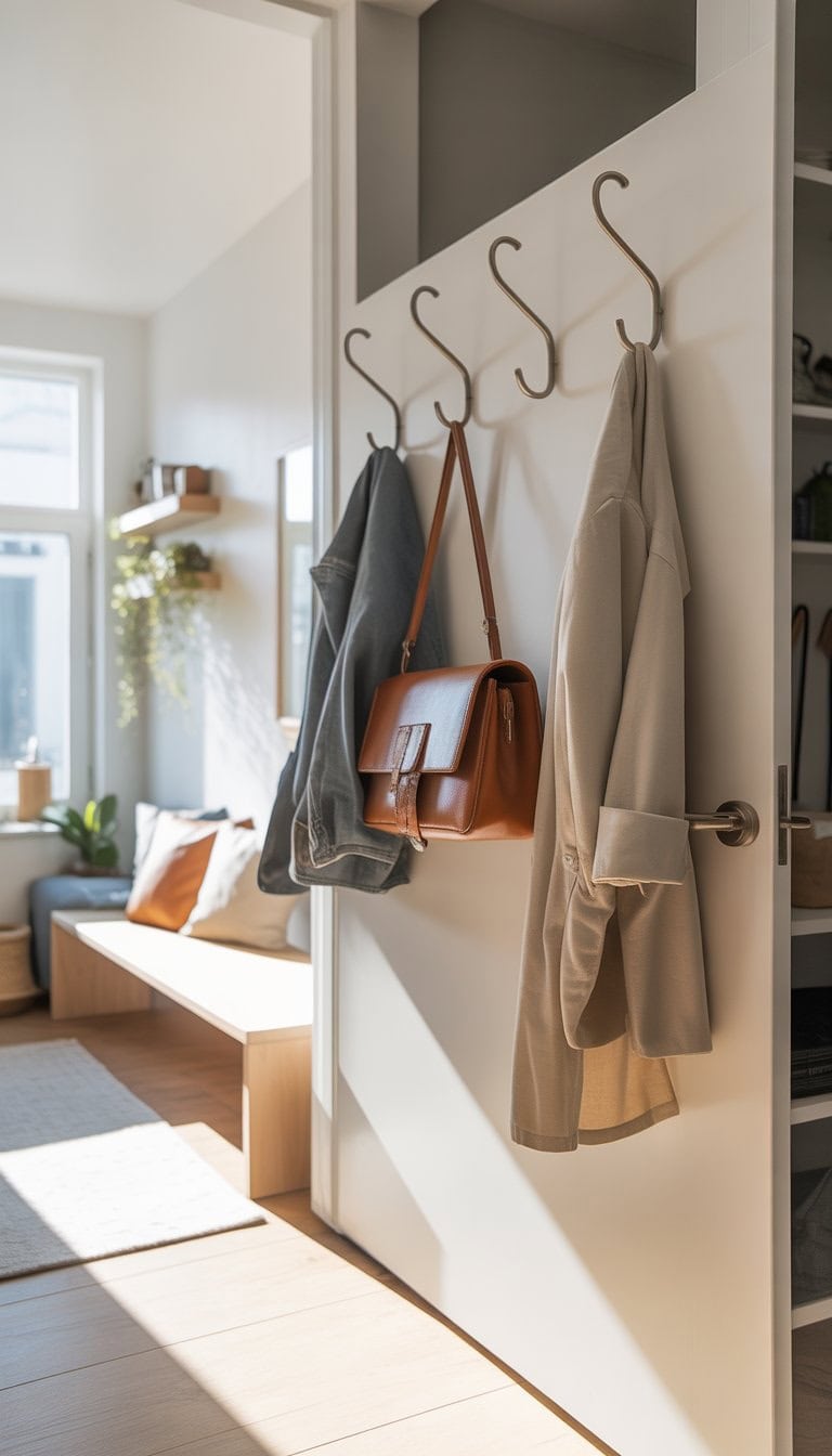 A small apartment entryway with hooks behind a door holding bags and coats.