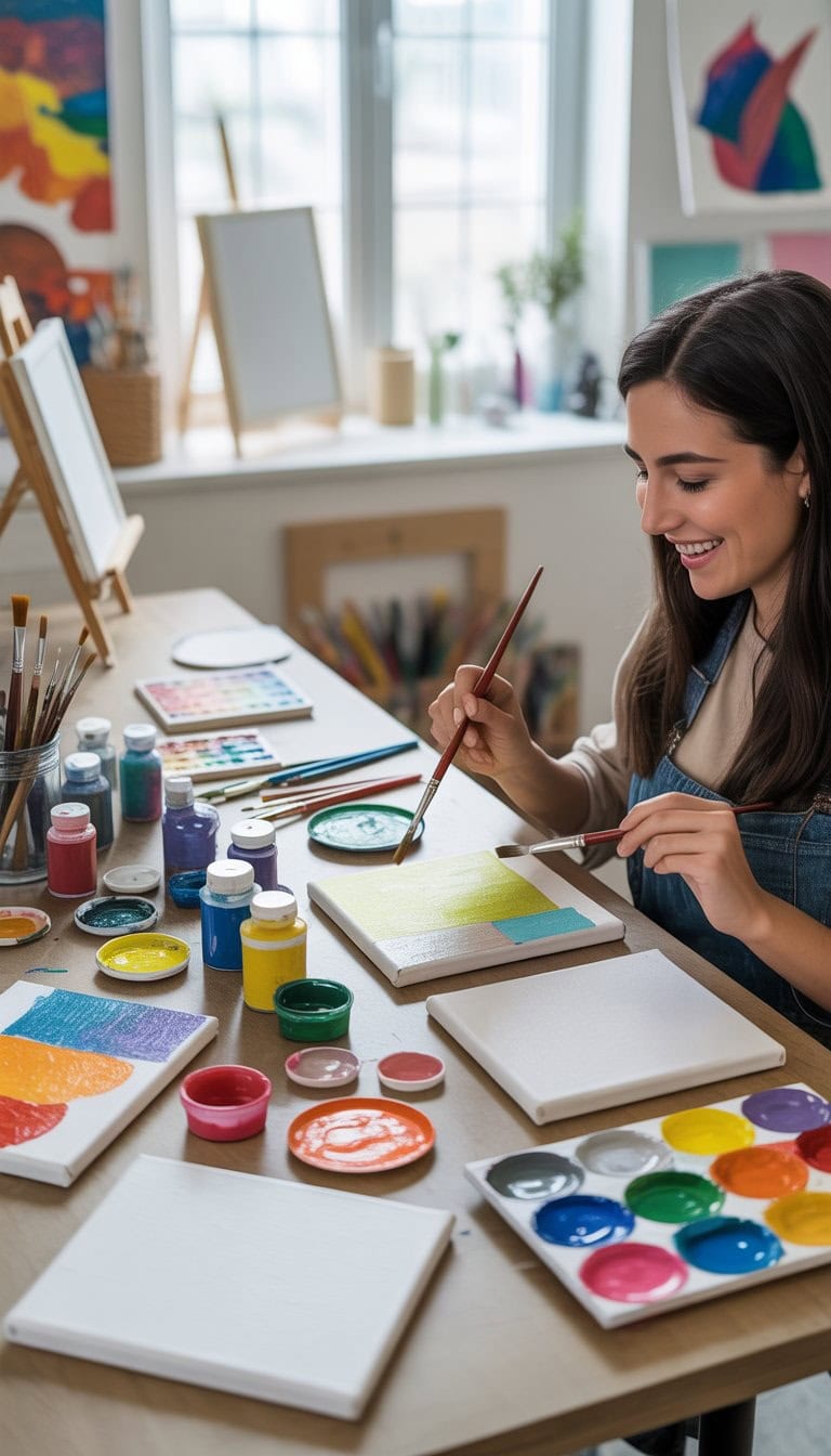 A person painting on a small canvas at a wooden table filled with colorful paints and brushes in a bright, organized art workspace.