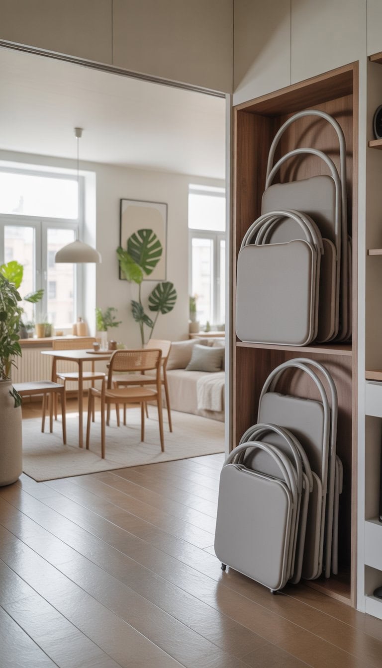 A small apartment interior with foldable chairs tucked away to save space, featuring a compact dining area and natural light.
