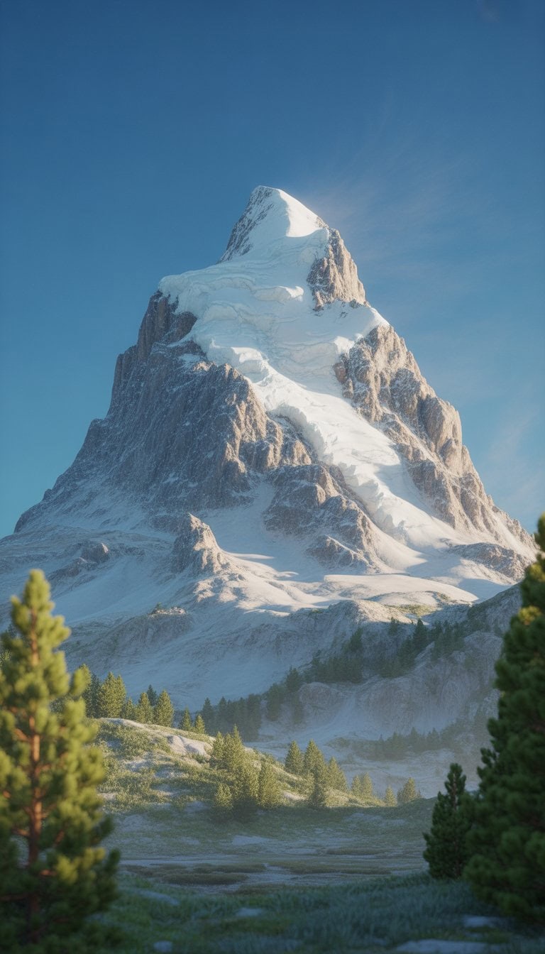 A tall mountain peak covered with snow caps surrounded by pine trees and clear blue sky.