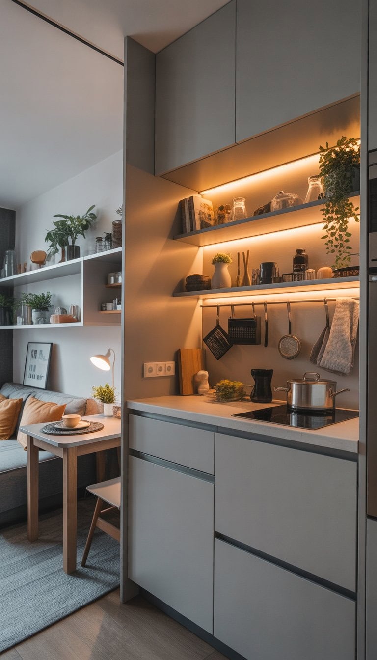 A small apartment kitchen and living area with LED strip lights under cabinets and shelves, showcasing organized shelves and compact furniture.