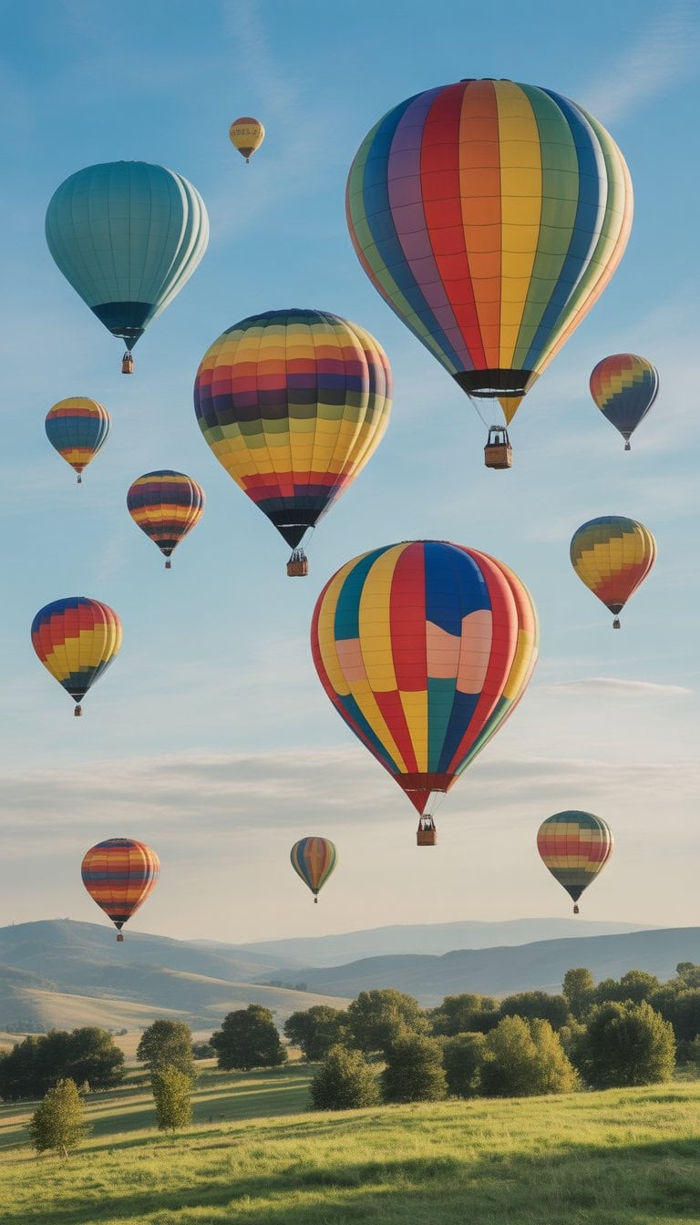 Several colorful hot air balloons floating above green hills under a clear blue sky.