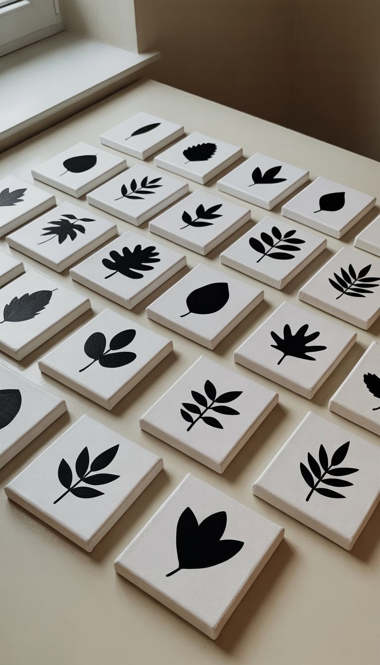 A collection of 25 small canvases each painted with a simple black leaf silhouette on a white background, arranged neatly on a flat surface.