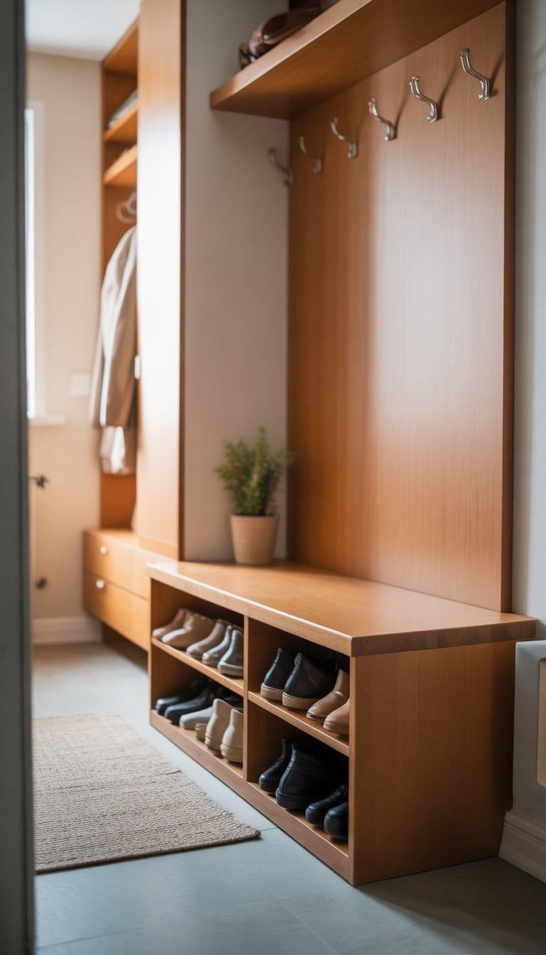 Entryway with a wooden bench that has shoe storage underneath, a small rug, a coat rack, and a potted plant.