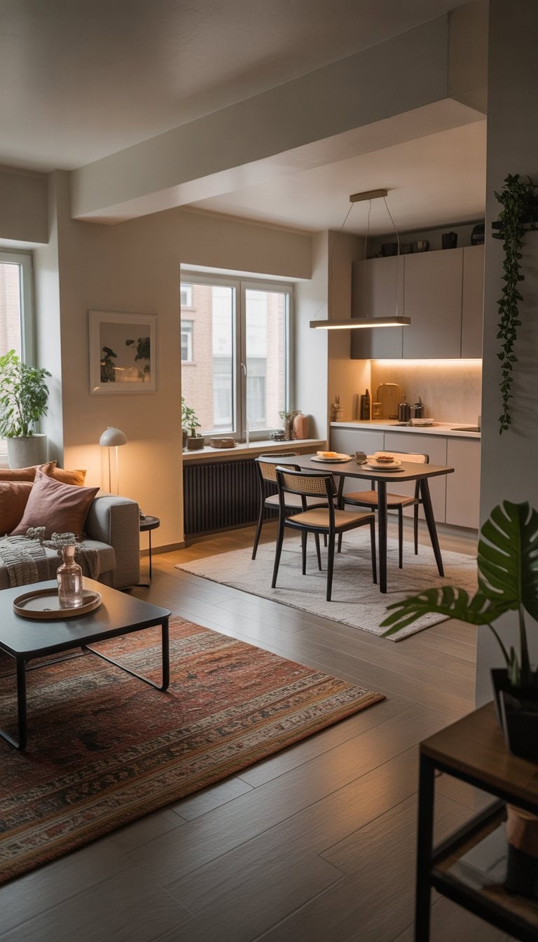 An open small apartment with separate living and dining areas defined by different rugs, featuring furniture and natural light.