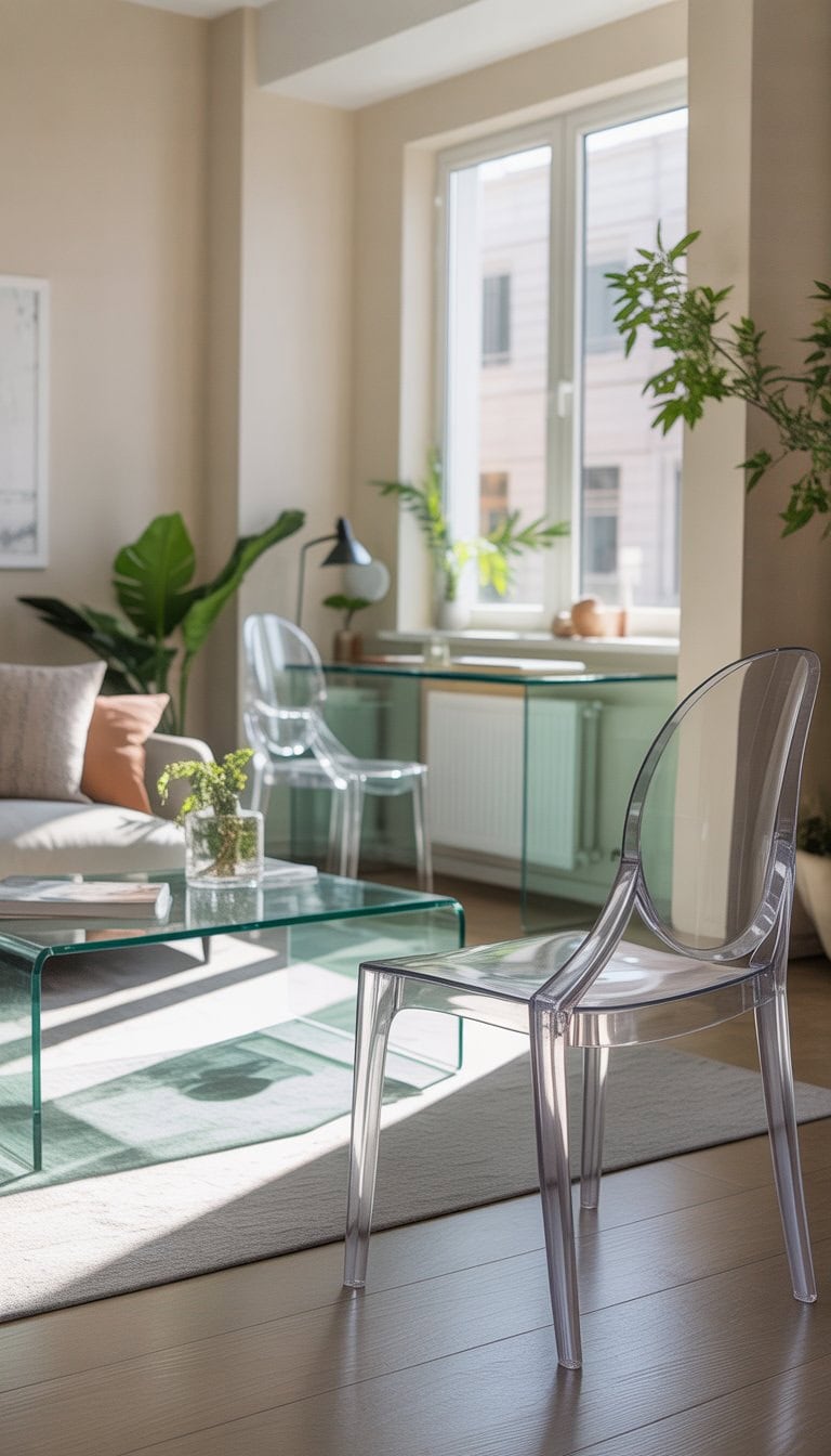 A small apartment living area with glass and translucent furniture, natural light, plants, and a neat, open layout.