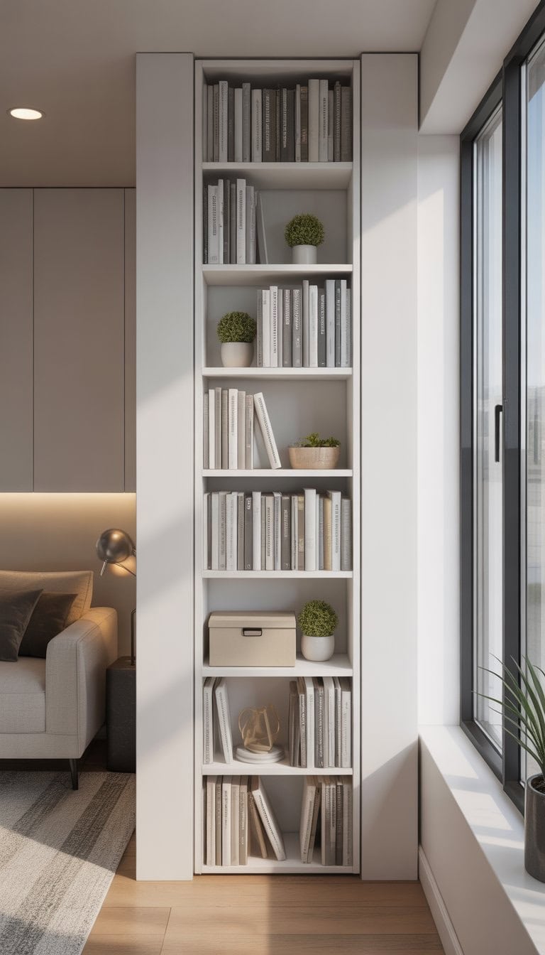 A slim bookshelf fitting into a narrow gap in a small apartment, filled with books and decorative items.