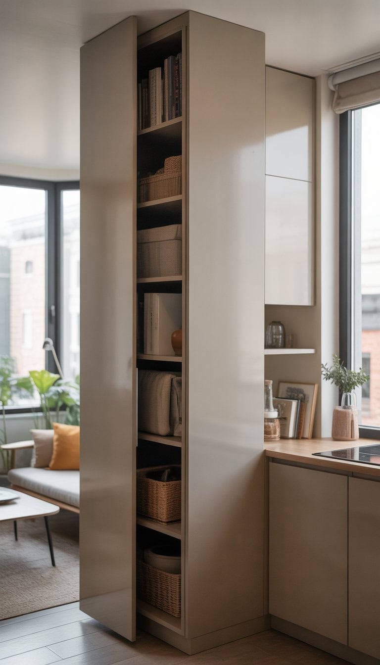 Small apartment interior with tall cabinets reaching near the ceiling to maximize storage space, featuring a cozy seating area and natural light.