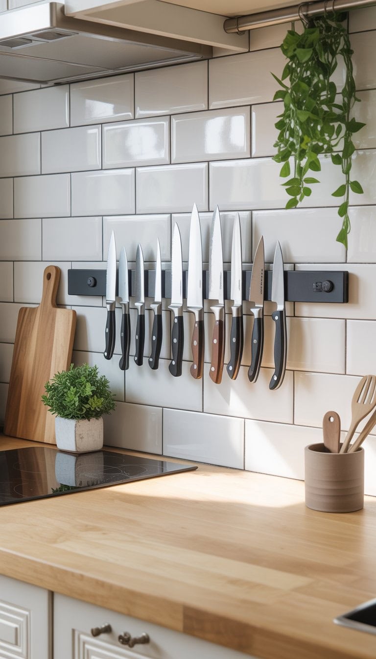 A small apartment kitchen with a magnetic knife strip holding knives above a clean countertop with kitchen accessories.