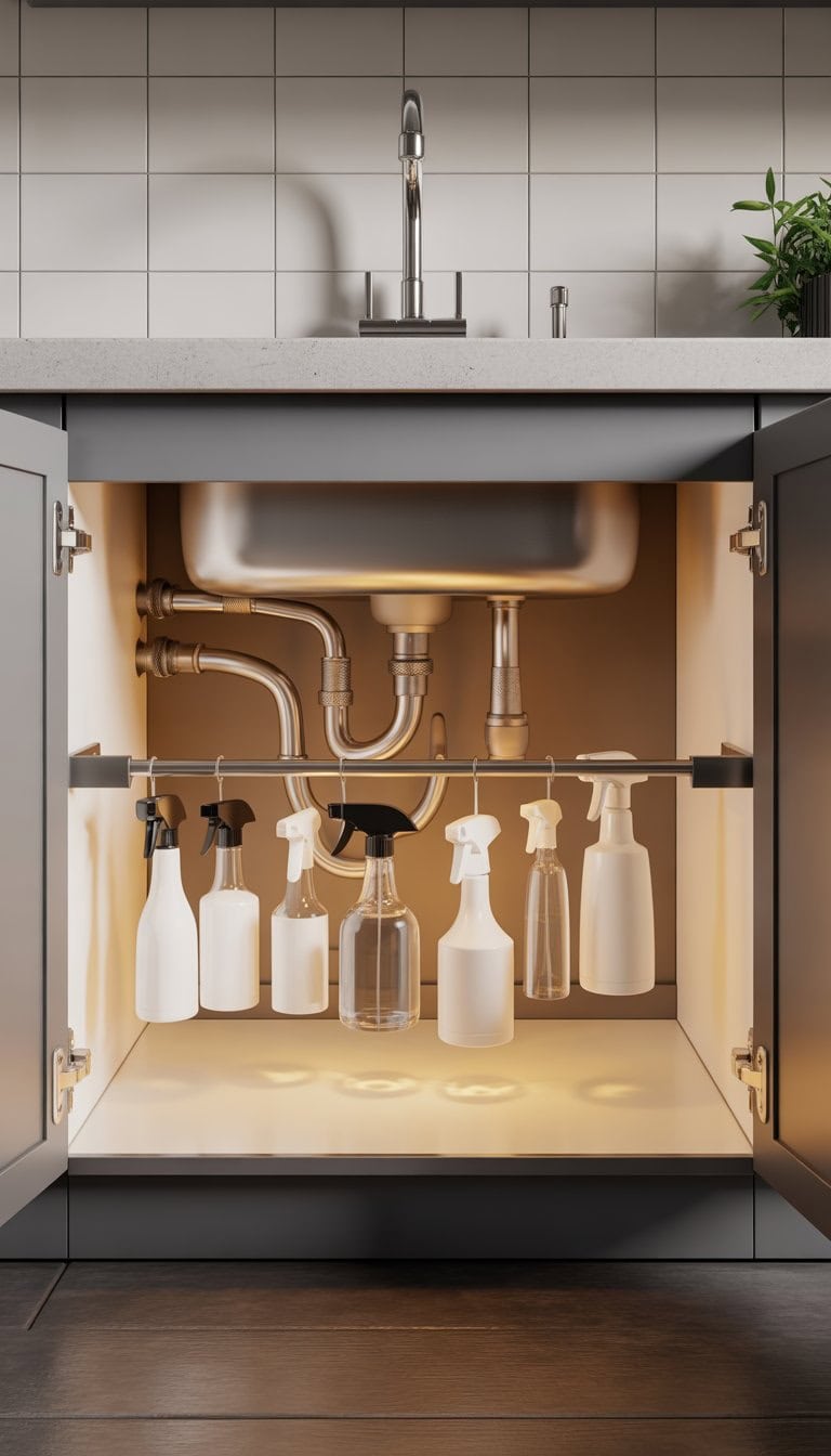 Open kitchen cabinet under the sink with a tension rod holding spray bottles neatly organized.