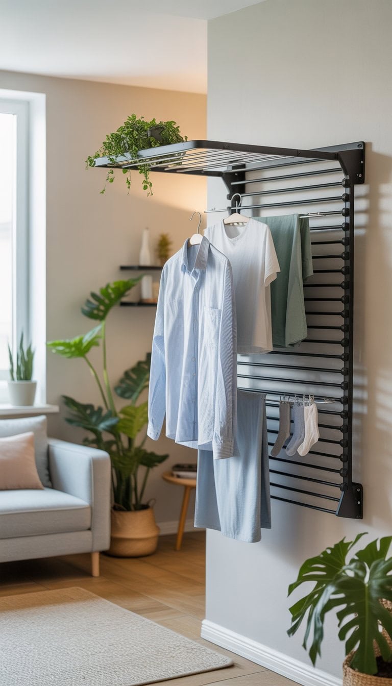 A small apartment wall with a mounted drying rack holding clothes, surrounded by minimal furniture and plants.