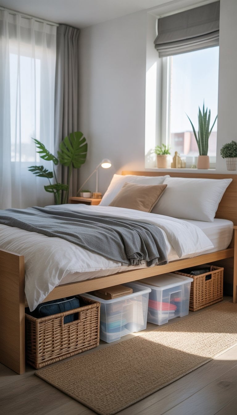 A small bedroom with a bed raised on risers, showing organized storage bins underneath and sunlight coming through a window.