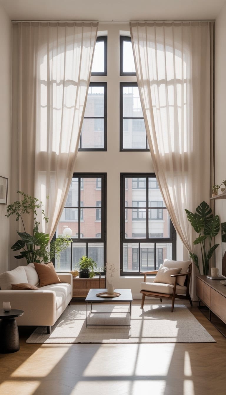 Small apartment living room with tall curtains hung above windows, modern furniture, and natural light.