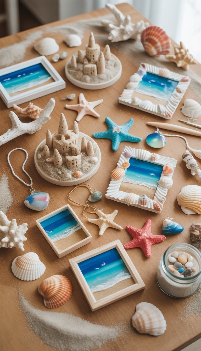 A collection of various beach-themed crafts displayed on a wooden table with seashells, sand, and driftwood scattered around.
