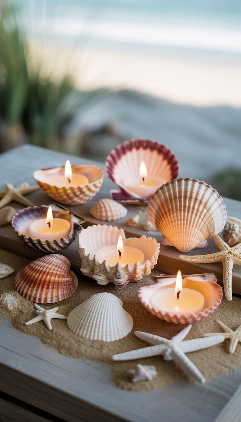 A collection of seashell candles lit and arranged on a wooden surface with small beach-themed decorations around them.