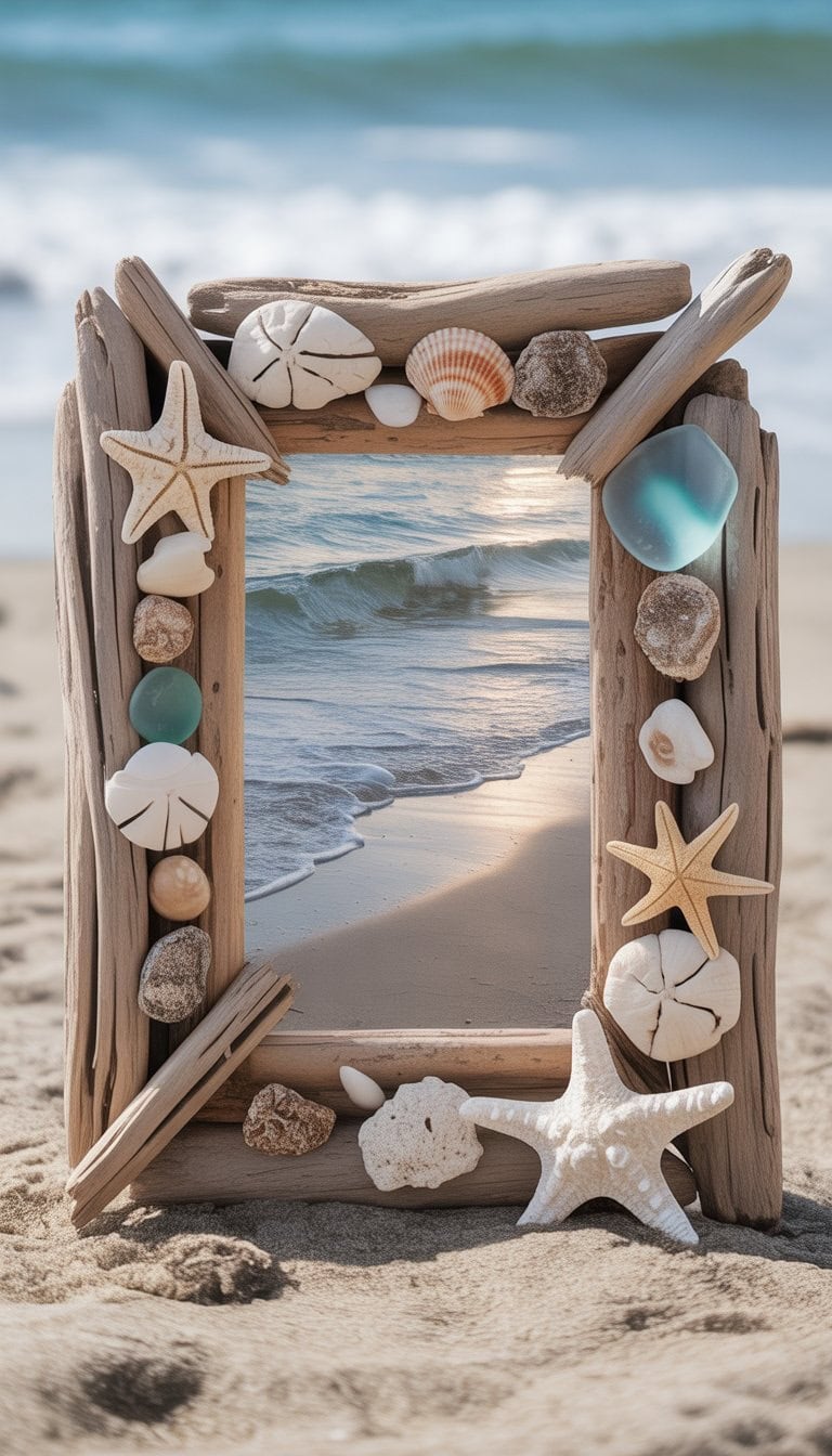 A driftwood picture frame on sand surrounded by seashells, starfish, and beach-themed craft items with the ocean in the background.