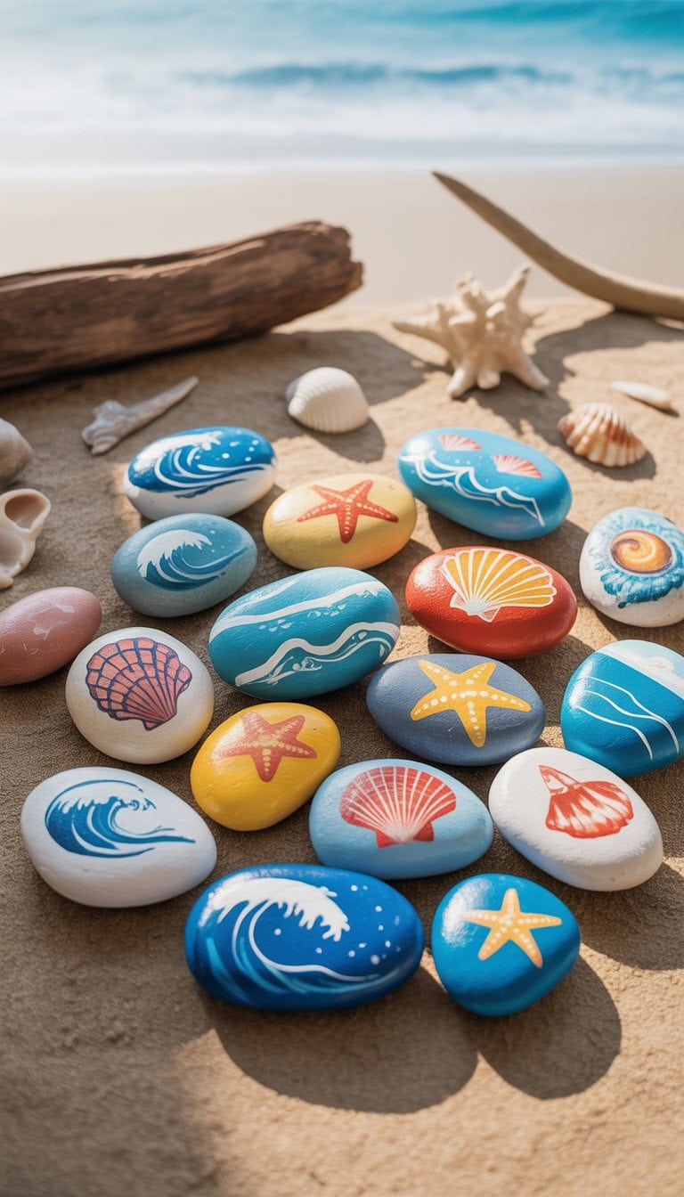 A close-up of colorful painted beach rocks arranged on sand with seashells and driftwood in the background.
