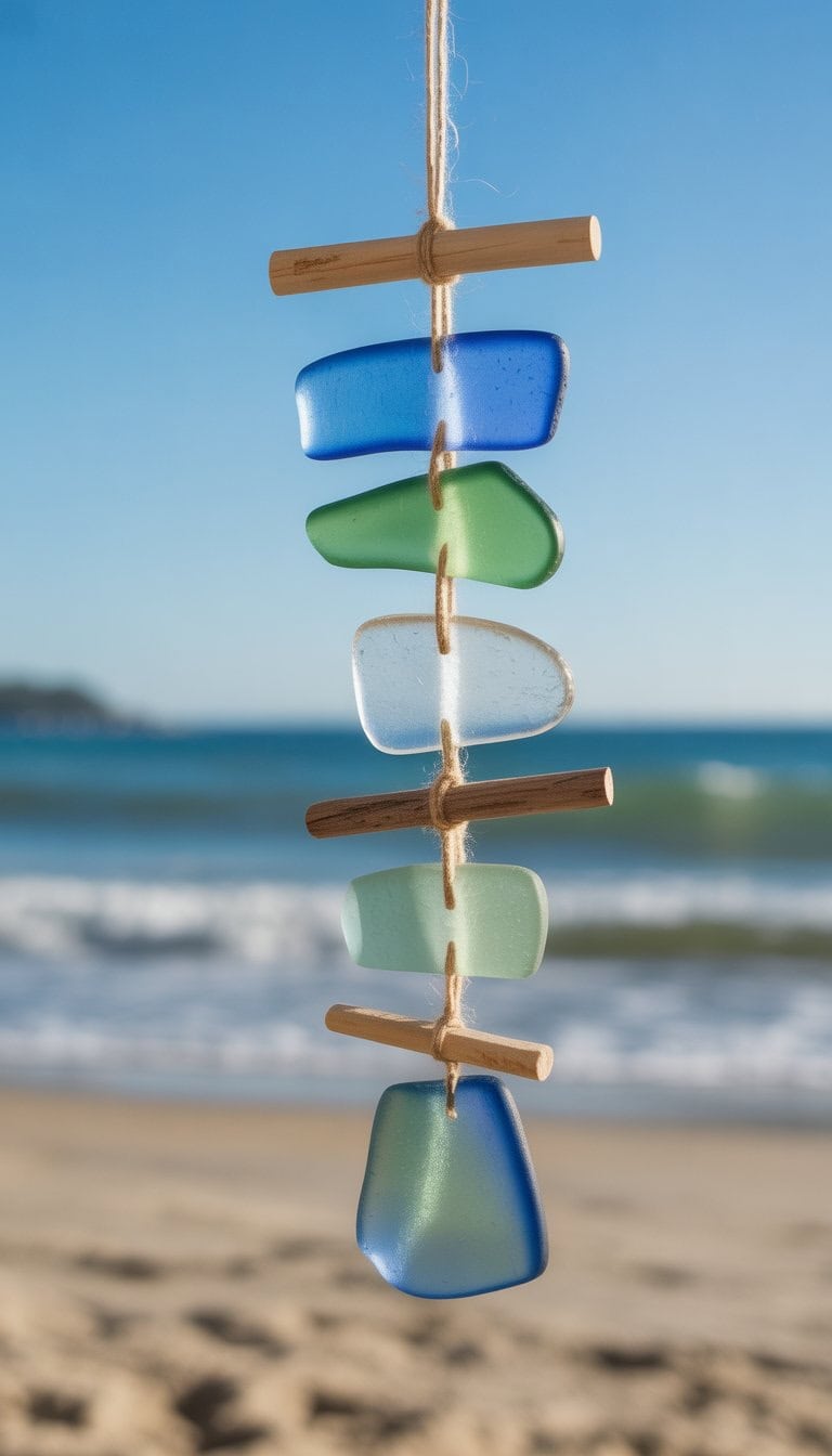 A sea glass wind chime hanging outdoors with a sandy beach and ocean waves in the background.