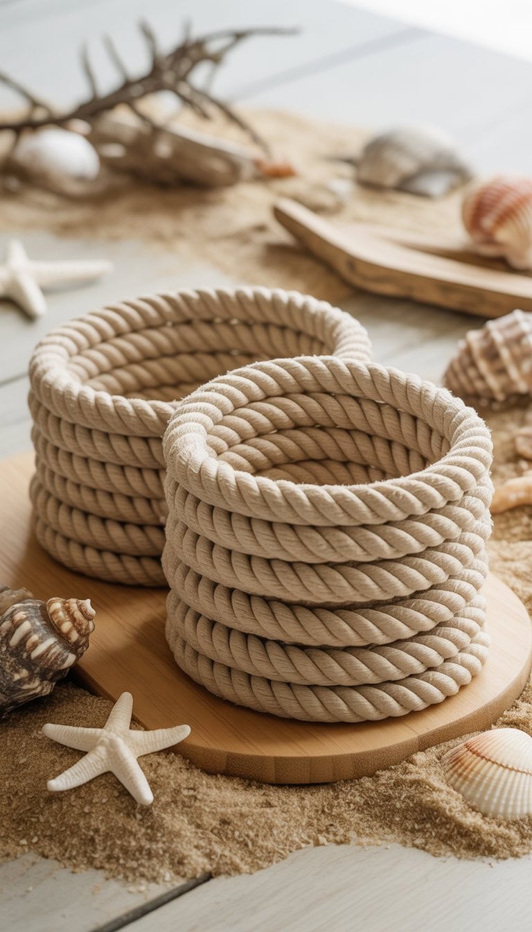 A set of circular nautical rope coasters on a wooden surface surrounded by seashells, starfish, and driftwood.