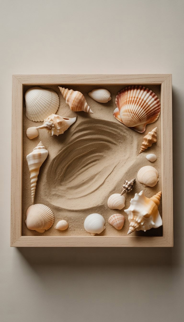 A shadow box containing sand and various seashells arranged to create a beach-themed display.