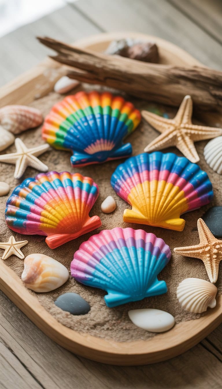 Colorful melted crayon seashells arranged with starfish, sand, and pebbles on a wooden surface.