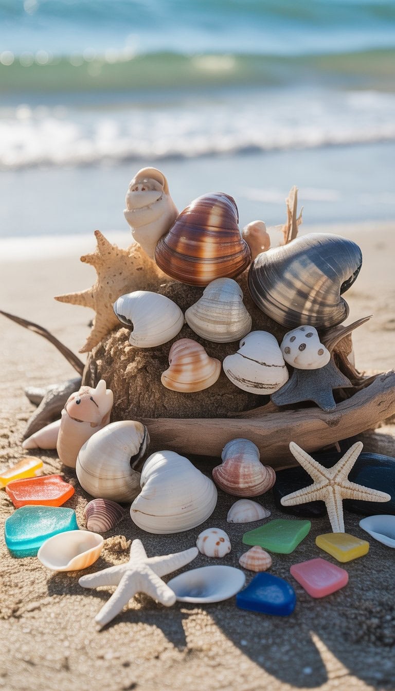 A collection of small clamshell sea creature crafts arranged on sand with sea glass, starfish, and driftwood near the ocean shore.