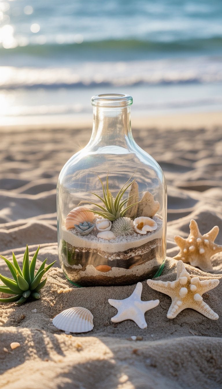 A glass bottle terrarium filled with sand, seashells, and plants sitting on a sandy beach with ocean waves in the background.