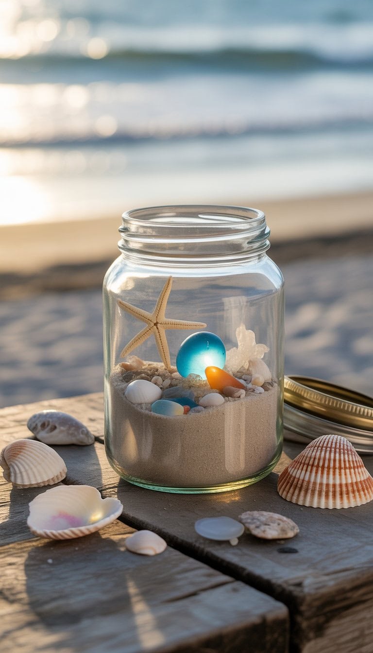 A glass jar filled with sand, seashells, and small beach items sits on a wooden table with shells scattered around, with a blurred beach and ocean in the background.