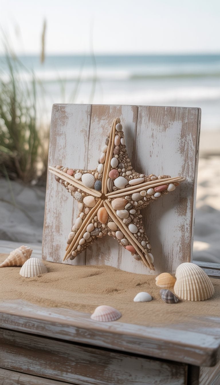 A sea star wall art made from natural materials displayed on a white wooden wall with seashells and sand nearby.