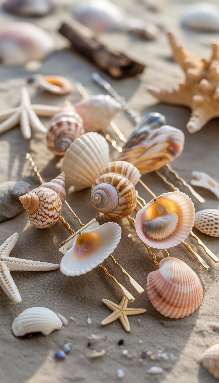 Close-up of seashell hairpins arranged on sandy beach with small starfish and driftwood around them.