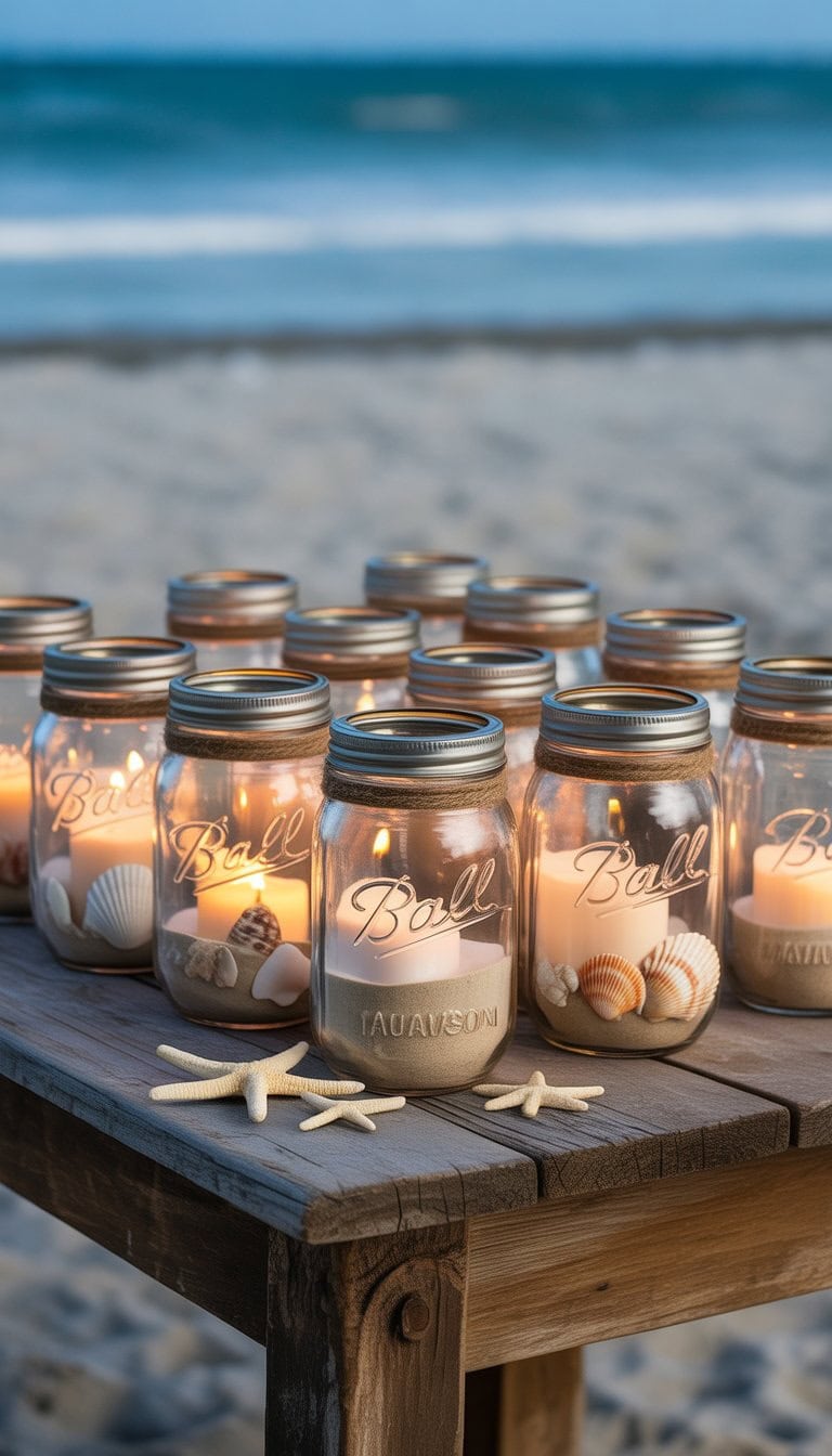 A group of decorated mason jar lanterns with candles inside, placed on a wooden table by the beach with sand and ocean in the background.