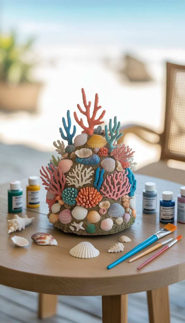 A detailed DIY coral reef sculpture made of colorful craft materials displayed on a table with paintbrushes and seashells nearby.
