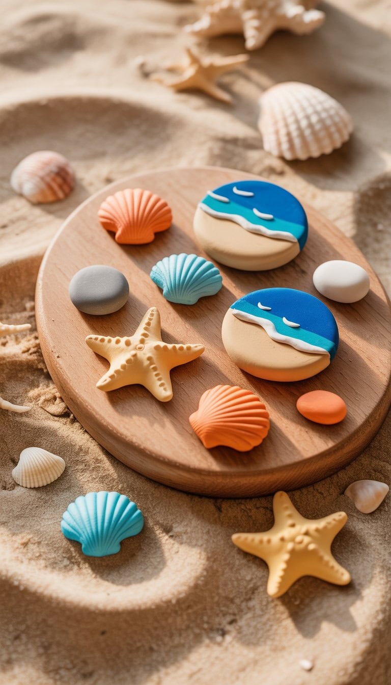 A collection of handmade clay seashell and starfish magnets arranged on a wooden board resting on sand with scattered small shells.