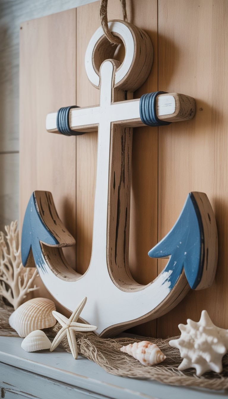 A nautical anchor wall hanging made of driftwood decorated with seashells and starfish on a wooden wall.