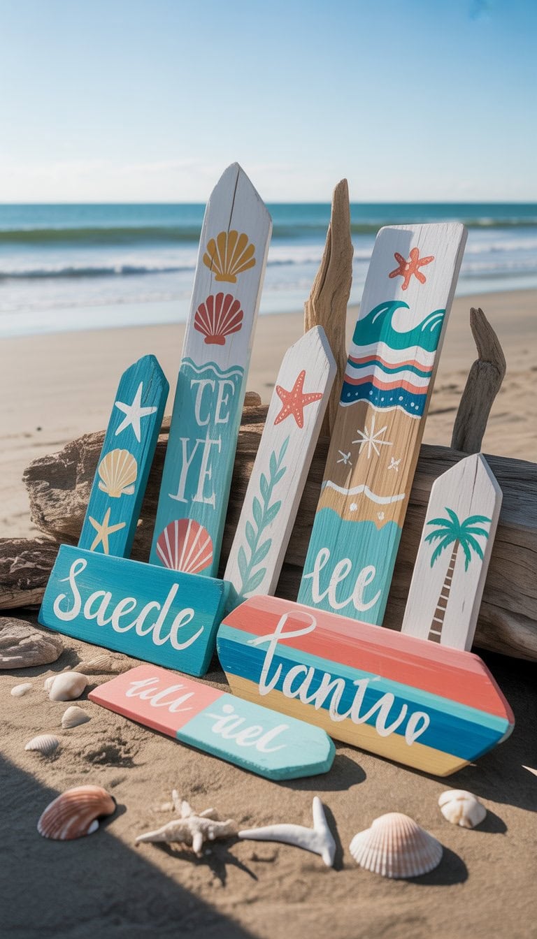 A collection of painted driftwood signs with beach-themed designs arranged on sand near the ocean shore.
