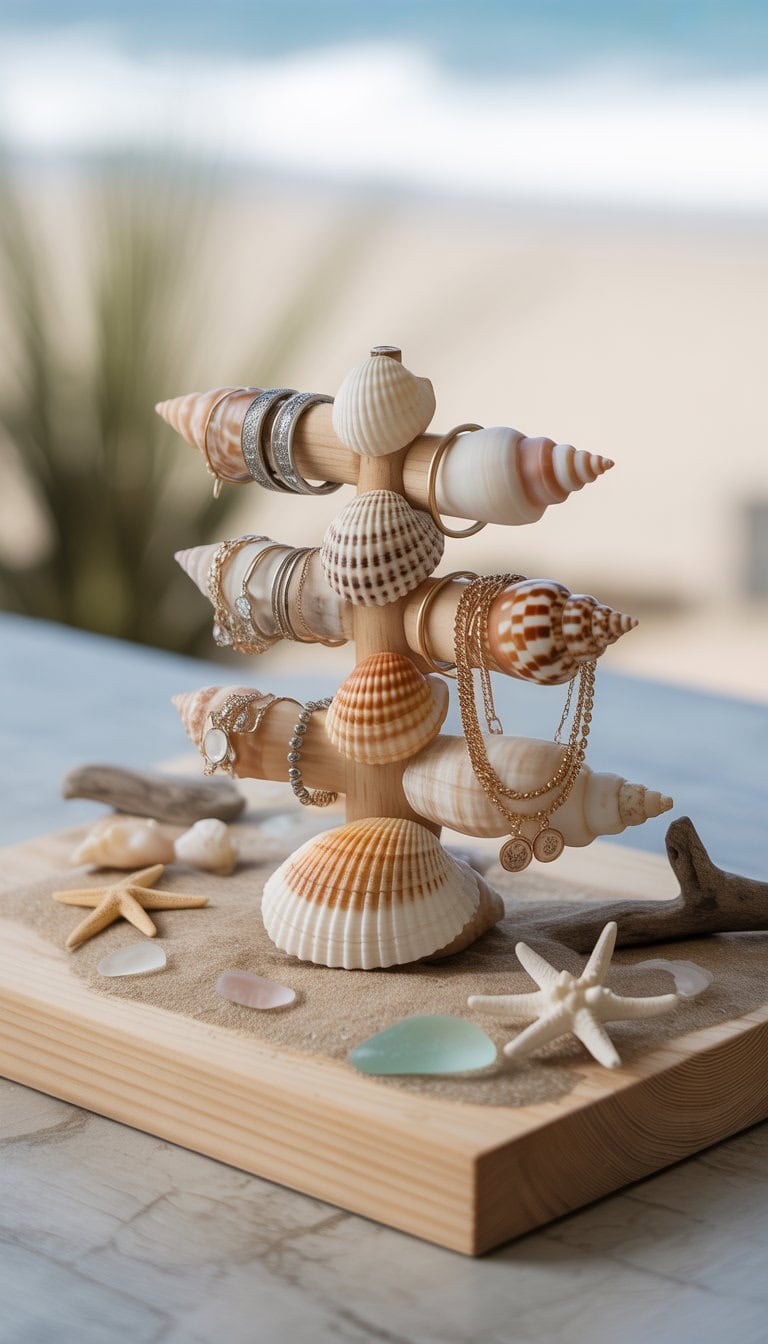 A seashell jewelry holder on a wooden surface surrounded by beach-themed craft elements like starfish, driftwood, sand, and sea glass.