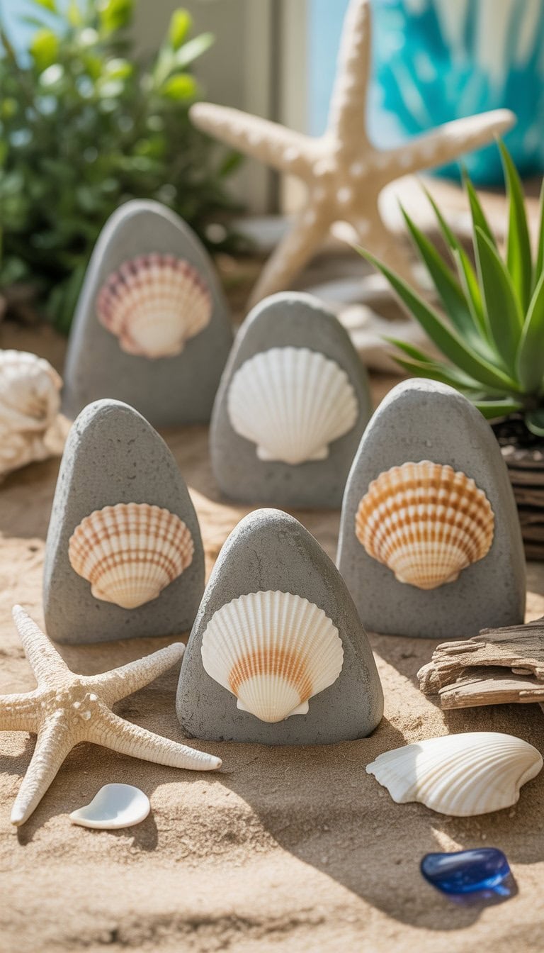 A group of cement garden markers decorated with seashells arranged on sandy soil with beach-themed items and plants in the background.