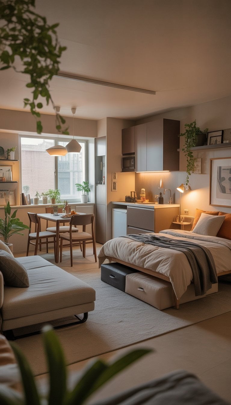 A bright and organized studio apartment with a bed, dining table, kitchenette, and smart storage solutions.
