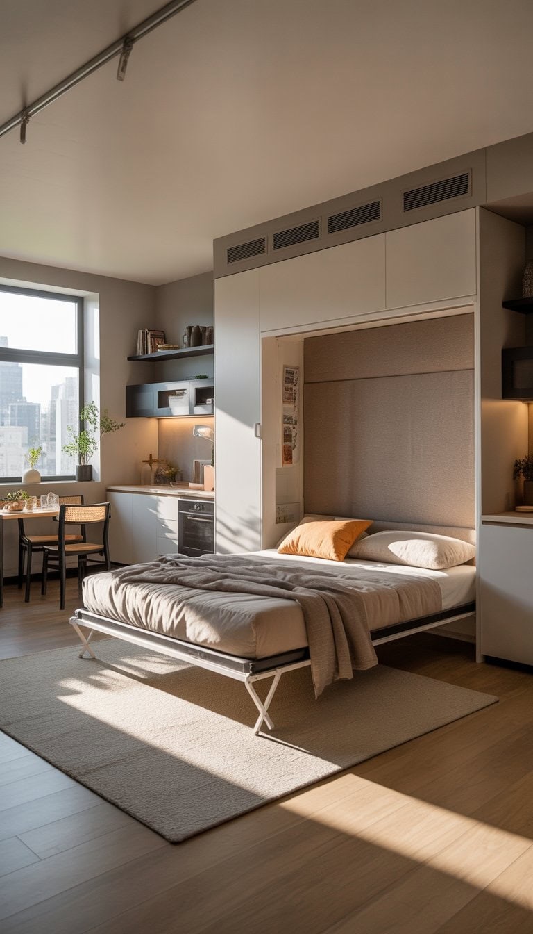 A compact studio apartment with a fold-out Murphy bed partially unfolded, showing a small living area with a sofa, coffee table, and natural light from a window.
