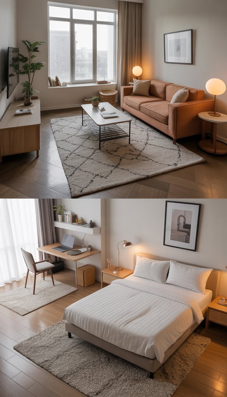 Studio apartment interior with separate living, sleeping, and work areas defined by different rugs.
