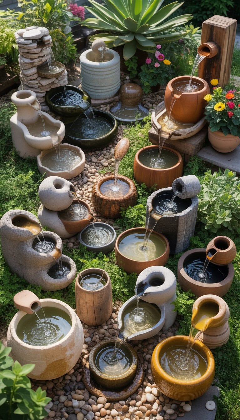 A garden scene displaying multiple homemade water fountains made from various materials with water flowing and surrounded by plants and flowers.